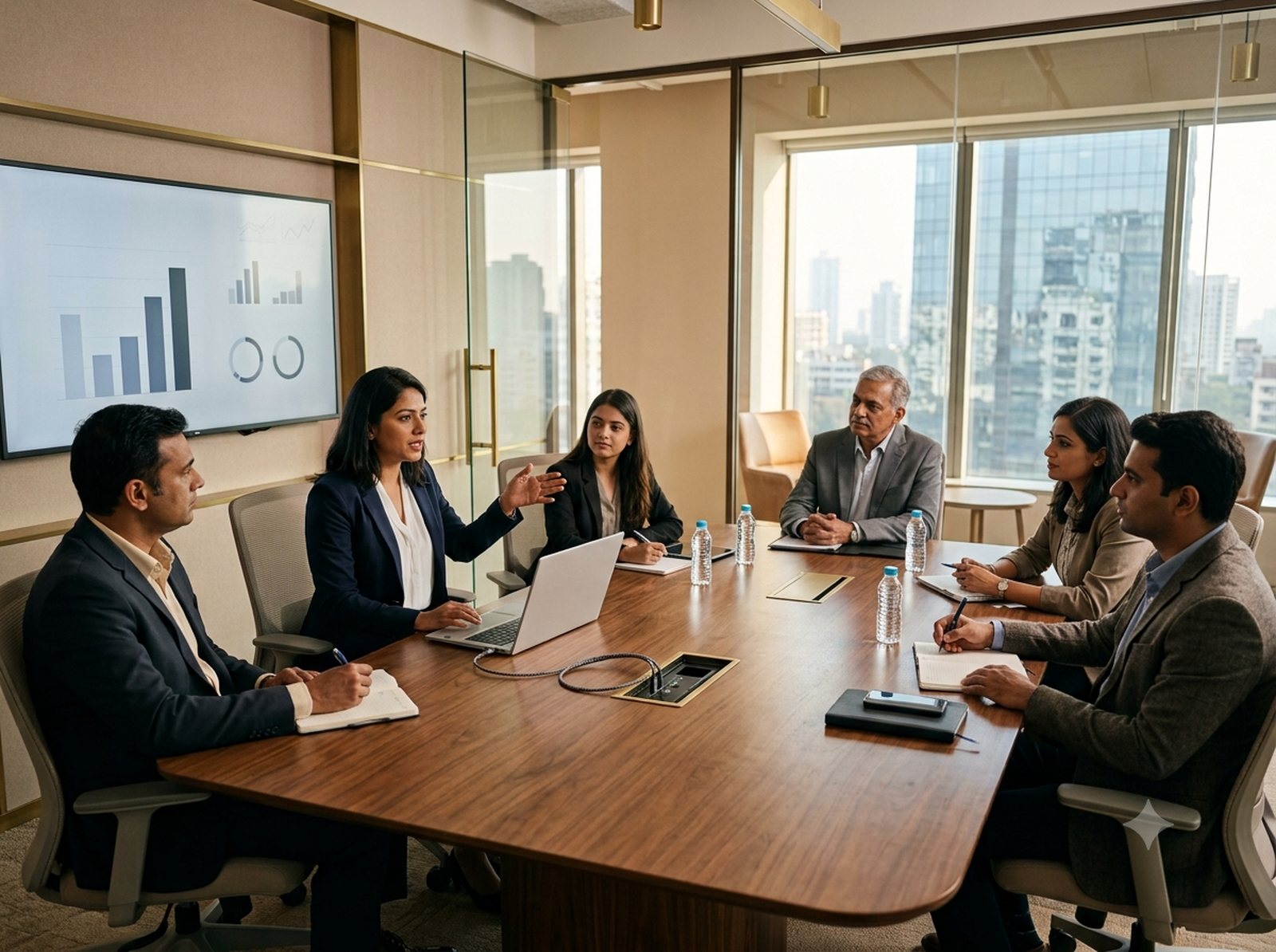 Executives in a modern Indian boardroom presenting from a laptop through a single table connection to a large display