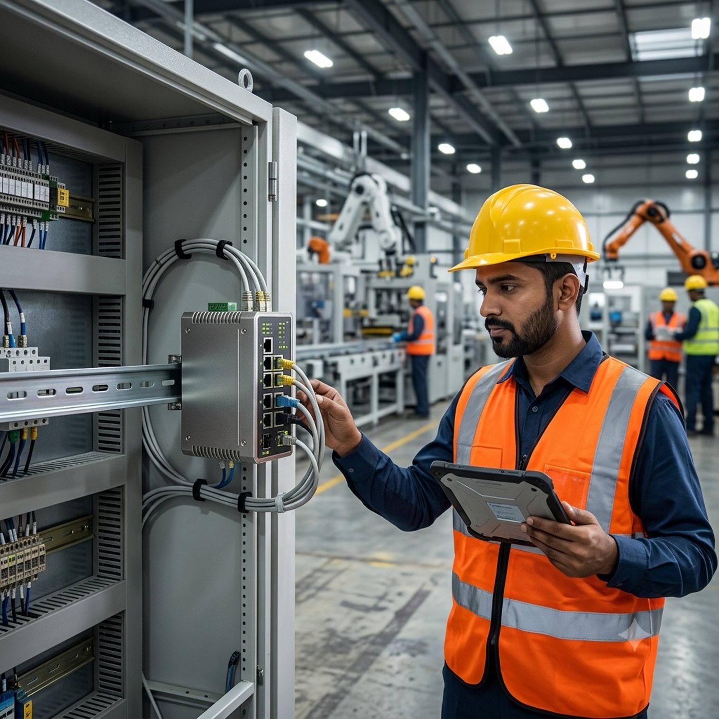 Antaira industrial Ethernet switch mounted inside a factory control cabinet