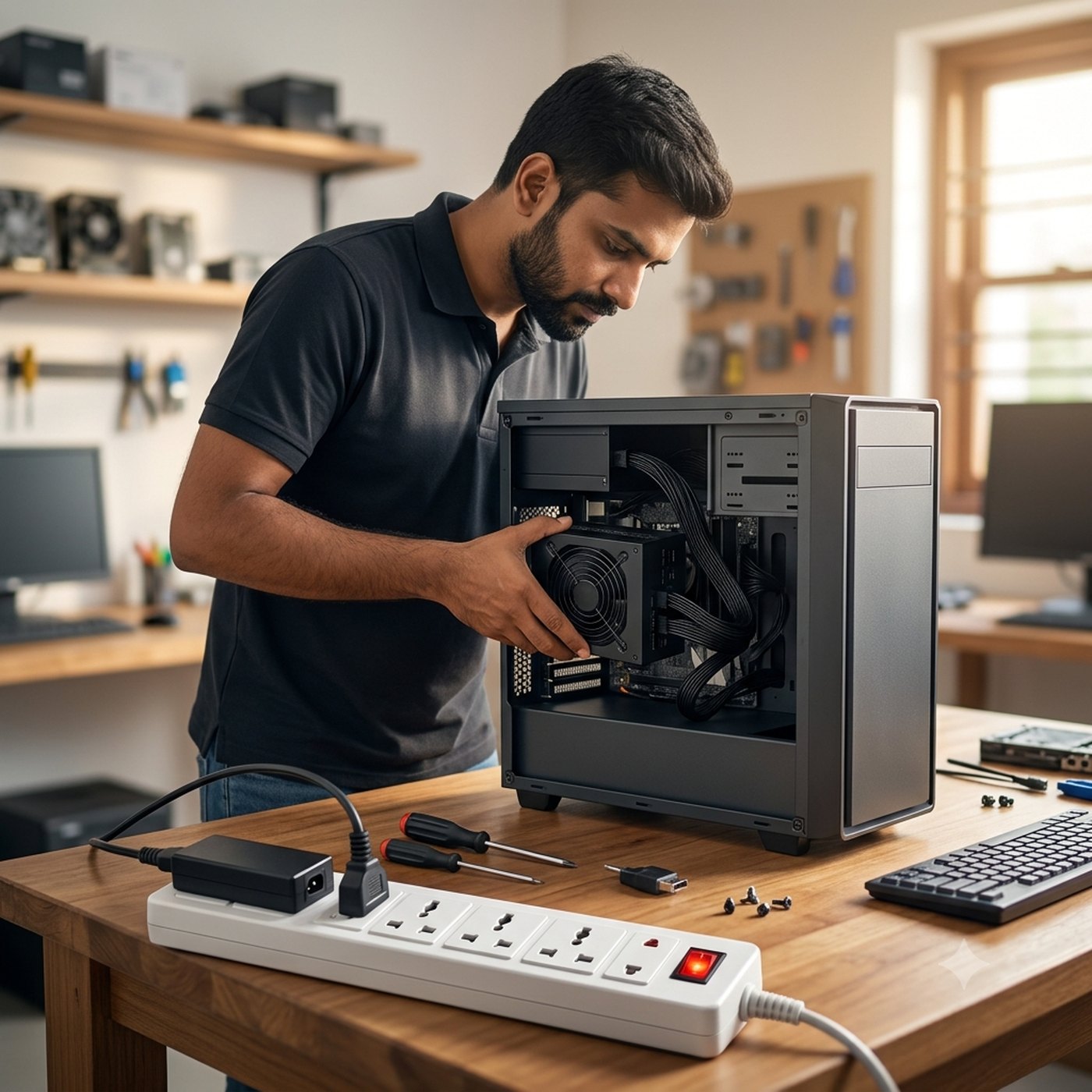 Technician fitting a Huntkey ATX power supply into a desktop PC, with a Huntkey surge protector on the bench