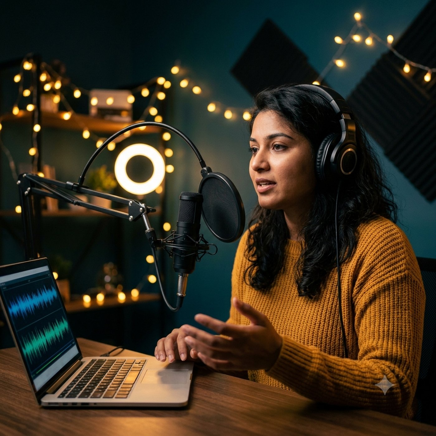 Podcaster recording in a home studio on a Thronmax USB condenser microphone with boom arm and pop filter