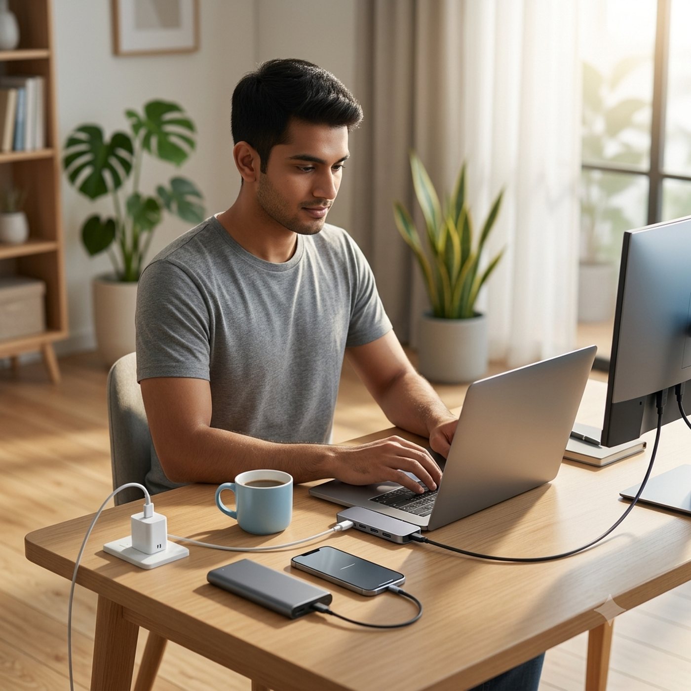 Young professional at a home desk charging and connecting devices through UGREEN accessories