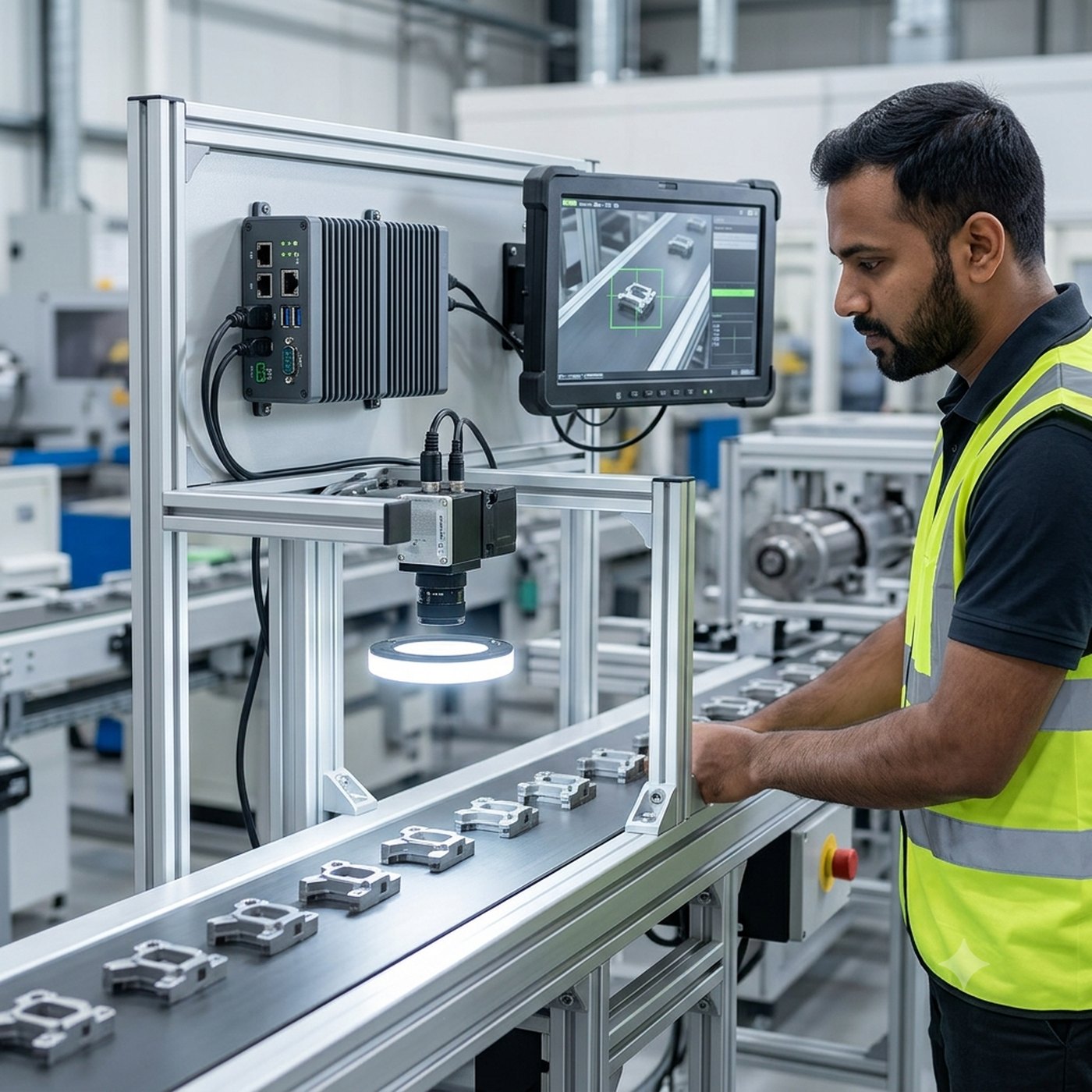Vecow fanless embedded computer running a machine vision inspection station on a factory line