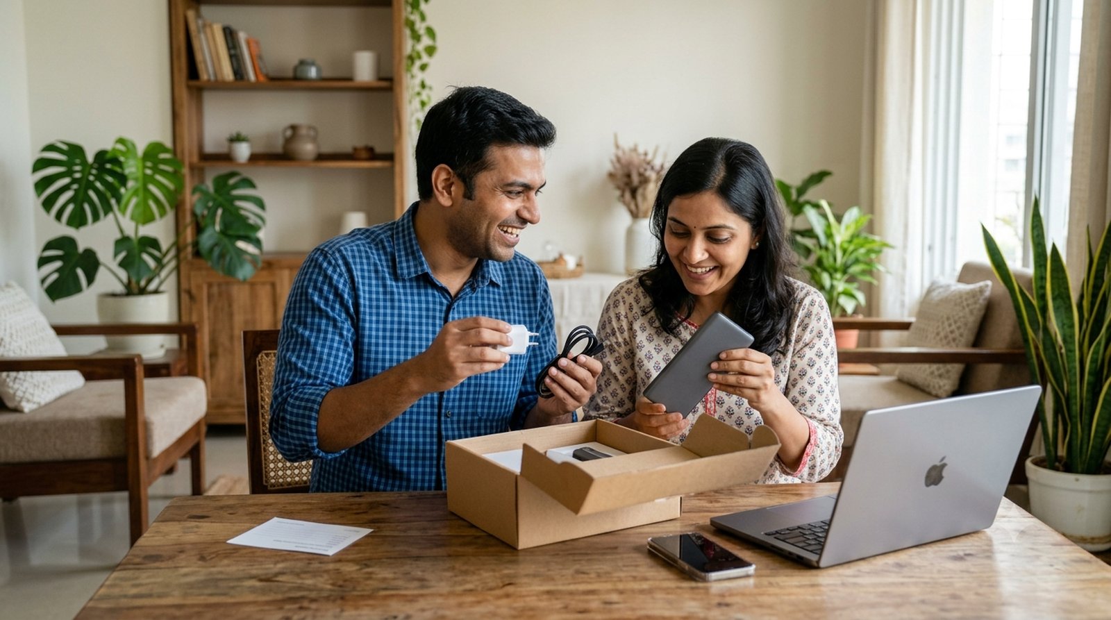 Customer at home with a genuine, warrantied product and its invoice