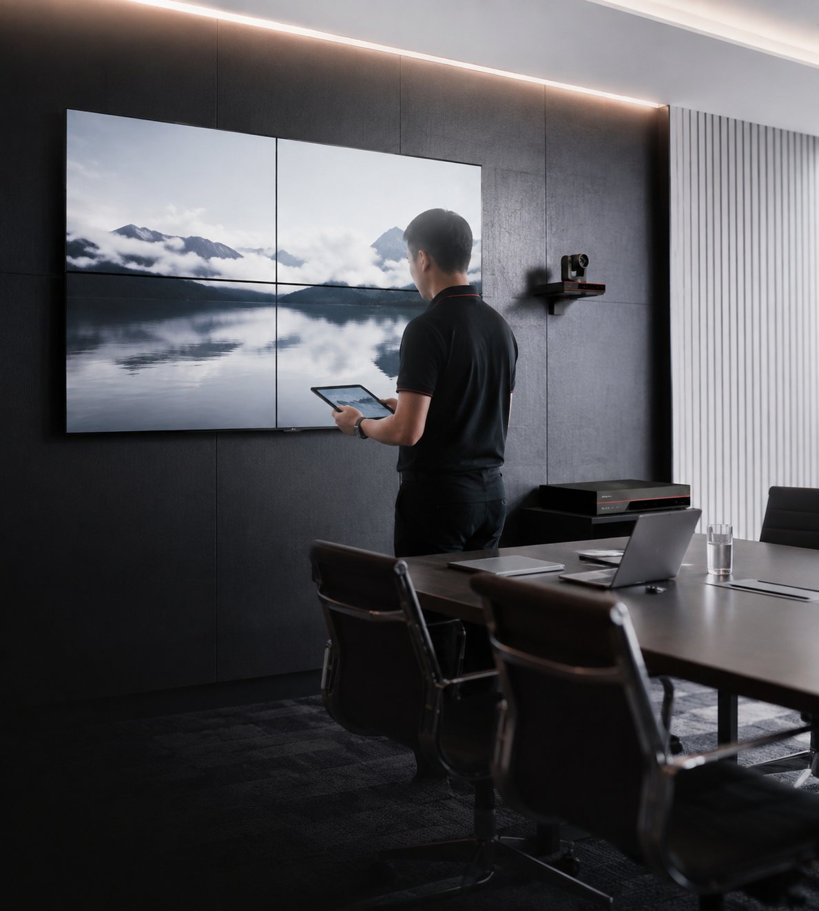 Boardroom with a video wall controlled from a tablet