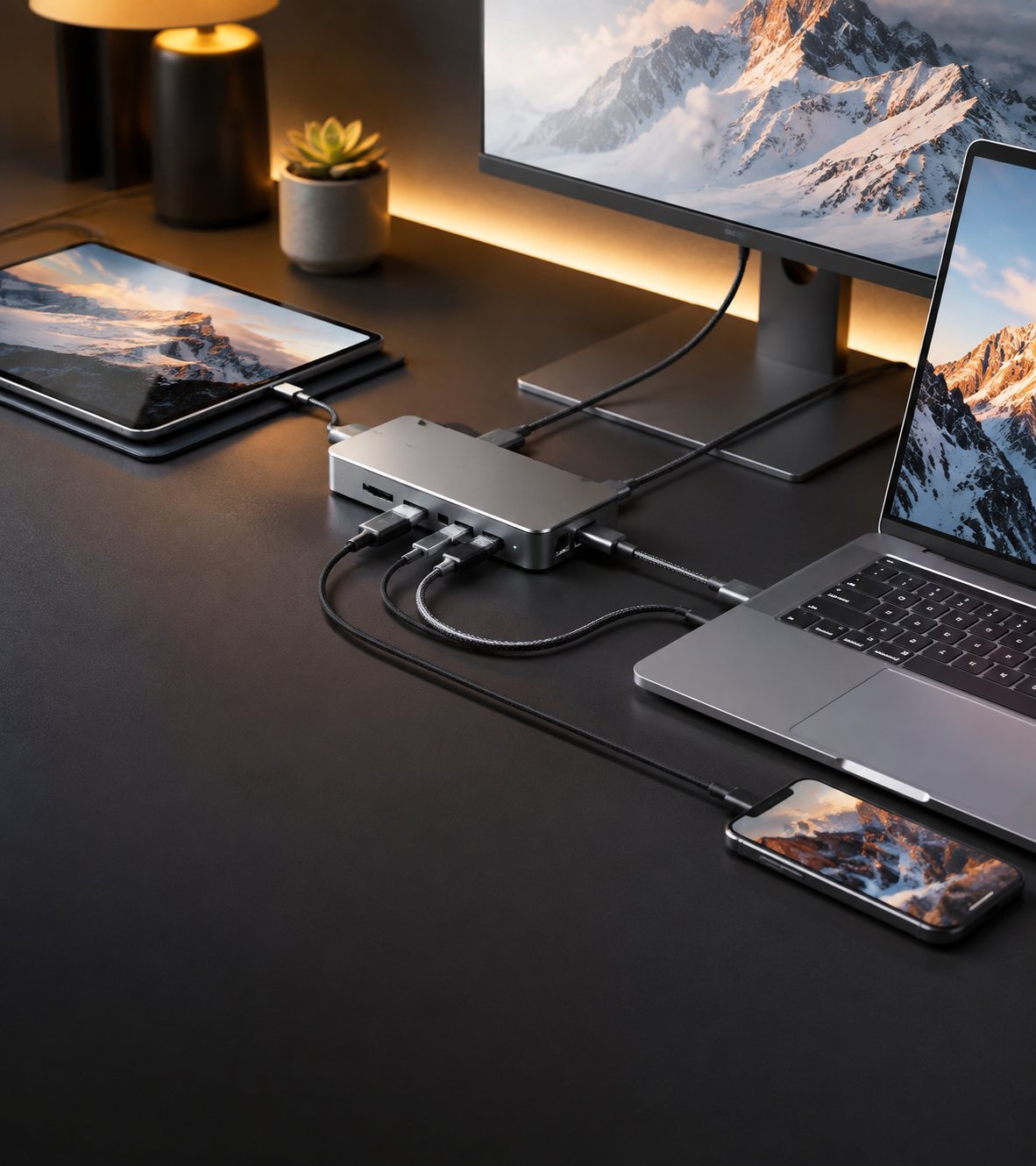 Desk setup connected through a USB-C dock